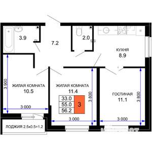 3-к квартира, вторичка, 56м2, 2/16 этаж
