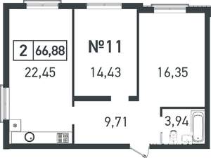 2-к квартира, вторичка, 67м2, 2/3 этаж