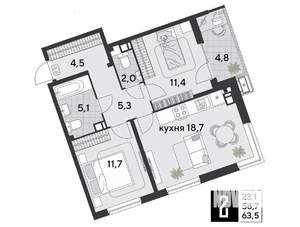 2-к квартира, строящийся дом, 64м2, 15/18 этаж