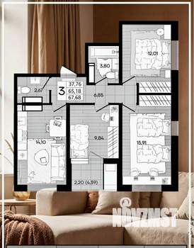 3-к квартира, вторичка, 67м2, 9/18 этаж