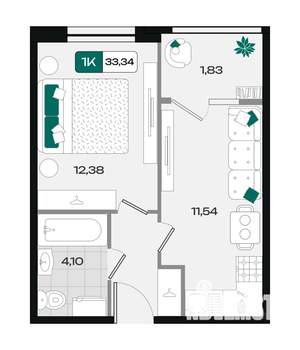 1-к квартира, вторичка, 33м2, 8/9 этаж