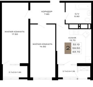 2-к квартира, вторичка, 63м2, 4/21 этаж