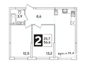2-к квартира, вторичка, 57м2, 5/16 этаж