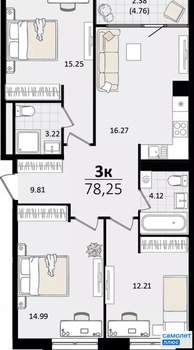 3-к квартира, вторичка, 78м2, 2/18 этаж