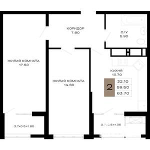 2-к квартира, строящийся дом, 63м2, 4/25 этаж