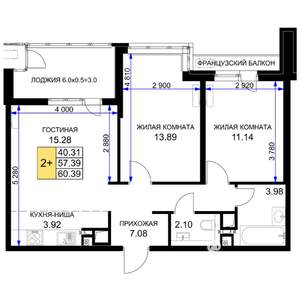 2-к квартира, вторичка, 60м2, 15/16 этаж
