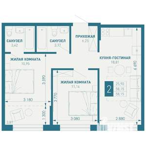 2-к квартира, строящийся дом, 58м2, 18/18 этаж