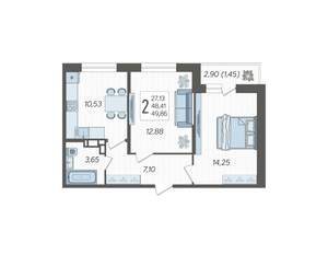 2-к квартира, строящийся дом, 50м2, 10/12 этаж