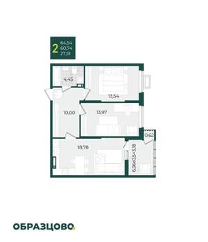 2-к квартира, вторичка, 65м2, 10/21 этаж