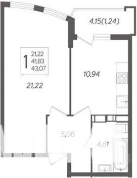 1-к квартира, сданный дом, 43м2, 11/20 этаж