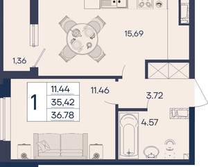 1-к квартира, вторичка, 37м2, 7/18 этаж