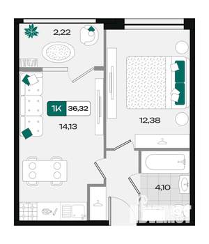 1-к квартира, вторичка, 36м2, 5/9 этаж