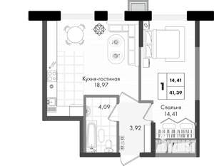 1-к квартира, вторичка, 41м2, 3/9 этаж