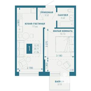 1-к квартира, строящийся дом, 42м2, 9/18 этаж