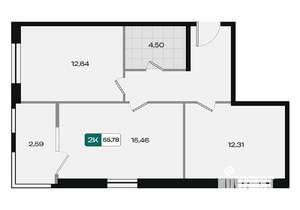 2-к квартира, вторичка, 56м2, 2/18 этаж