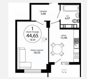 1-к квартира, вторичка, 45м2, 6/16 этаж