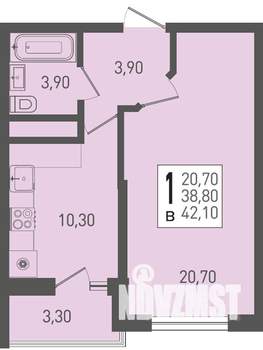 1-к квартира, строящийся дом, 42м2, 15/22 этаж