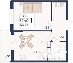1-к квартира, вторичка, 33м2, 4/18 этаж