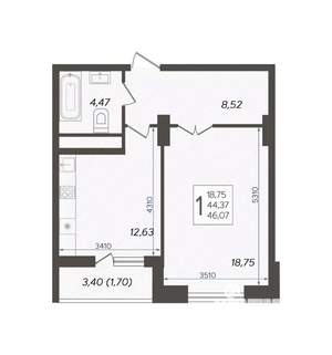 1-к квартира, вторичка, 44м2, 14/16 этаж
