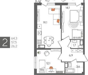 2-к квартира, вторичка, 64м2, 11/24 этаж