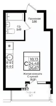 Студия квартира, вторичка, 27м2, 9/9 этаж