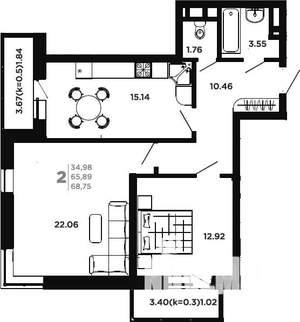 2-к квартира, вторичка, 66м2, 5/25 этаж