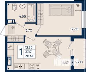 1-к квартира, вторичка, 38м2, 8/18 этаж