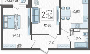 2-к квартира, вторичка, 50м2, 16/19 этаж
