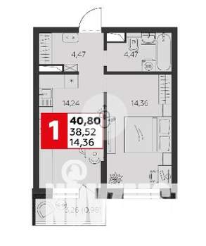1-к квартира, вторичка, 40м2, 5/9 этаж