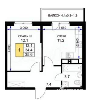 1-к квартира, вторичка, 34м2, 16/18 этаж