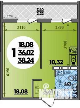 1-к квартира, строящийся дом, 38м2, 4/16 этаж