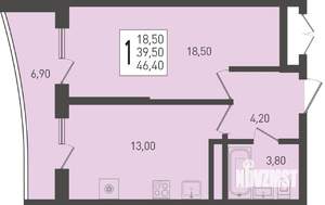 1-к квартира, строящийся дом, 46м2, 23/24 этаж