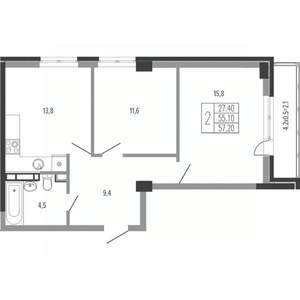 2-к квартира, вторичка, 59м2, 9/15 этаж