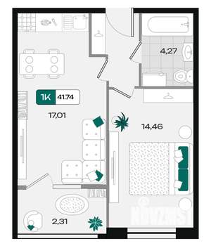 1-к квартира, вторичка, 42м2, 7/18 этаж