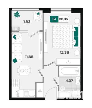 1-к квартира, вторичка, 34м2, 2/9 этаж
