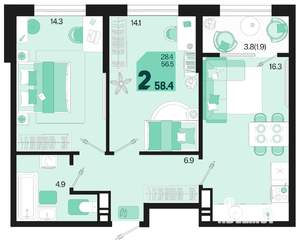 2-к квартира, вторичка, 58м2, 7/18 этаж