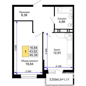 1-к квартира, строящийся дом, 45м2, 5/15 этаж