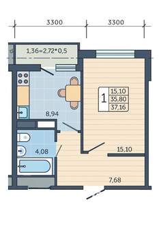 1-к квартира, вторичка, 37м2, 16/19 этаж