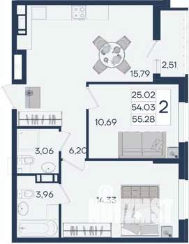 2-к квартира, вторичка, 55м2, 10/18 этаж