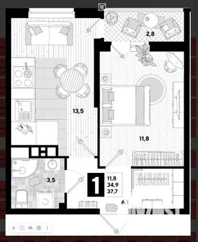 1-к квартира, вторичка, 38м2, 9/16 этаж