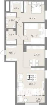 3-к квартира, вторичка, 92м2, 4/15 этаж