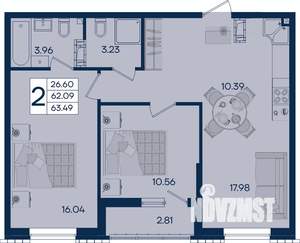2-к квартира, вторичка, 63м2, 9/18 этаж