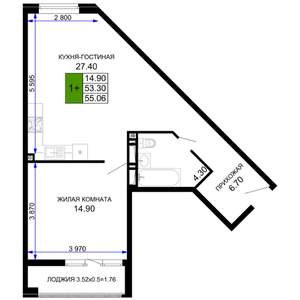 1-к квартира, строящийся дом, 55м2, 3/12 этаж