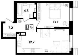 1-к квартира, строящийся дом, 44м2, 10/18 этаж