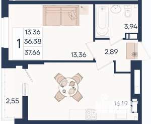 1-к квартира, вторичка, 38м2, 8/18 этаж