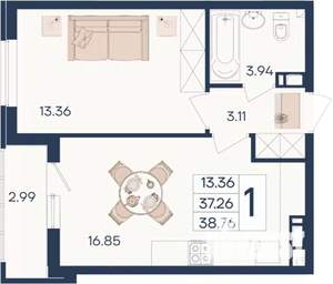 1-к квартира, вторичка, 39м2, 6/18 этаж