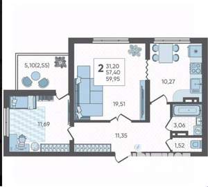 2-к квартира, вторичка, 60м2, 6/18 этаж
