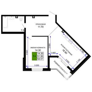 1-к квартира, вторичка, 54м2, 1/12 этаж