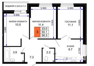3-к квартира, вторичка, 57м2, 2/16 этаж