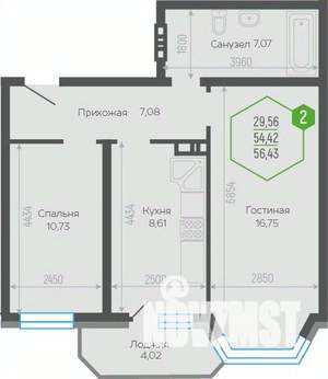 2-к квартира, вторичка, 56м2, 15/19 этаж